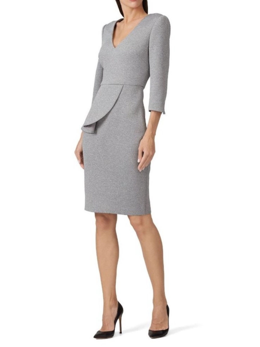 Badgley Mischka Heather Gray V-Neck  3/4 Sleeve Peplum Sheath Dress Size 14